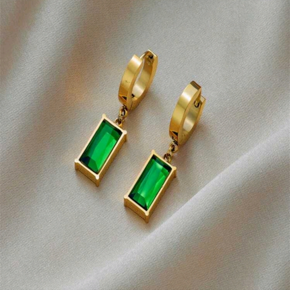 NEW Emerald Green Cubic Zirconia Stainless Steel Dangle Earrings